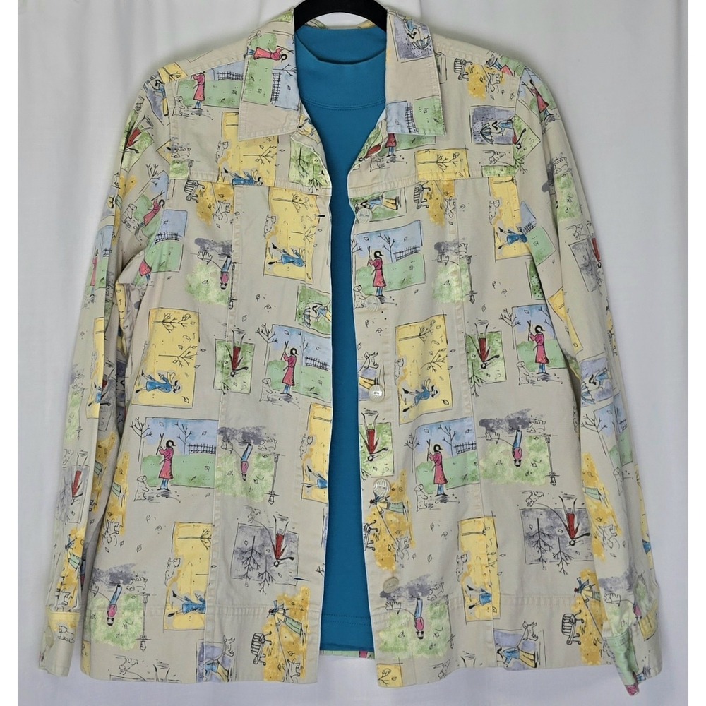 Christopher Banks Vtg Womens M Jacket W/Top Cartoon Dog‎ Walking Button Up Twill